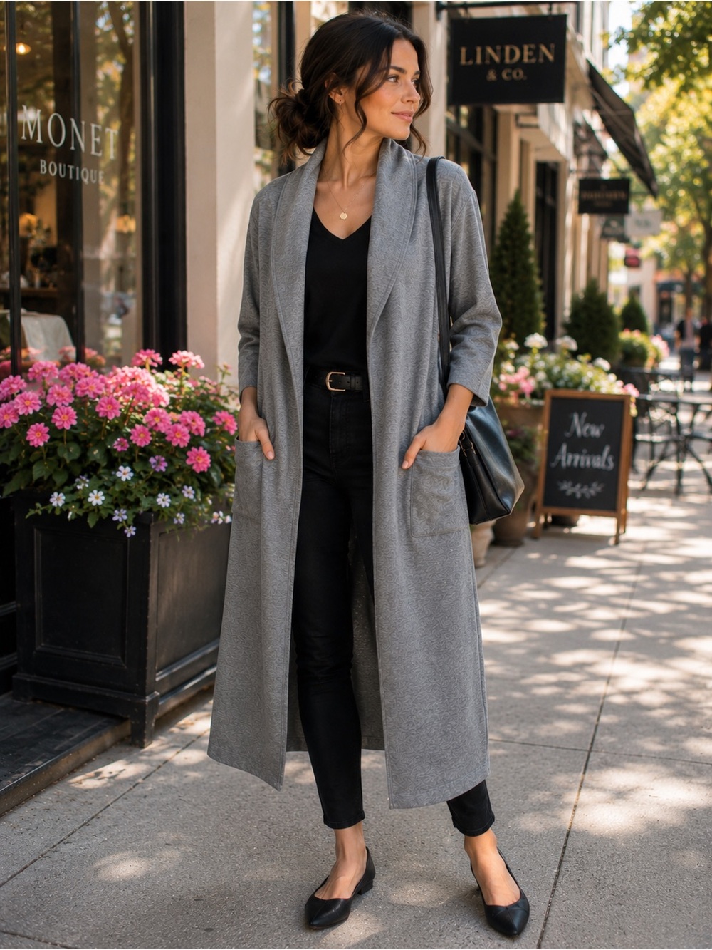 MAXSPORT Gray Long Open Front Duster Cardigan Shawl Collar Pockets Size M NWT